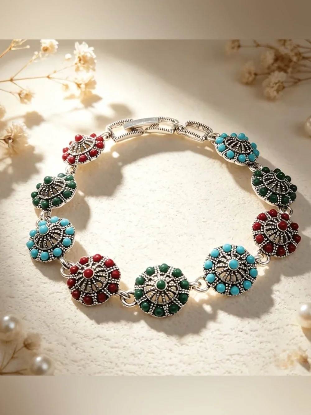 Bohemian Multicolor Disc Bracelet with Turquoise, Green & Red Accents